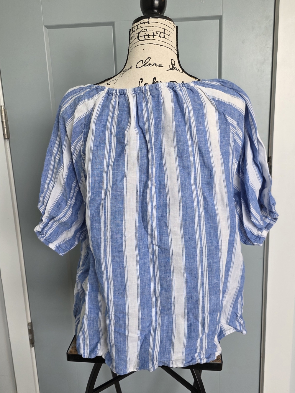 Talbots XLP 100% Linen Striped Top Blue White Coastal Nautical Split Neck XLP - Picture 2 of 5